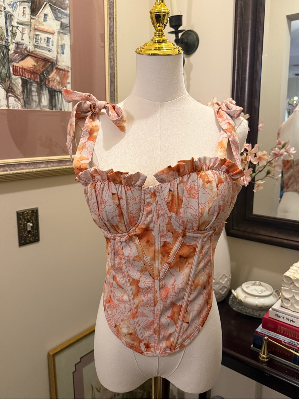 Fashion Nova Orange and White Floral Tie-Shoulder Corset Crop Top